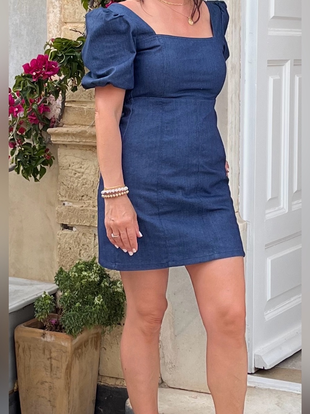 Women's Dark Blue Square Neck Puff Sleeve Dress - wore once